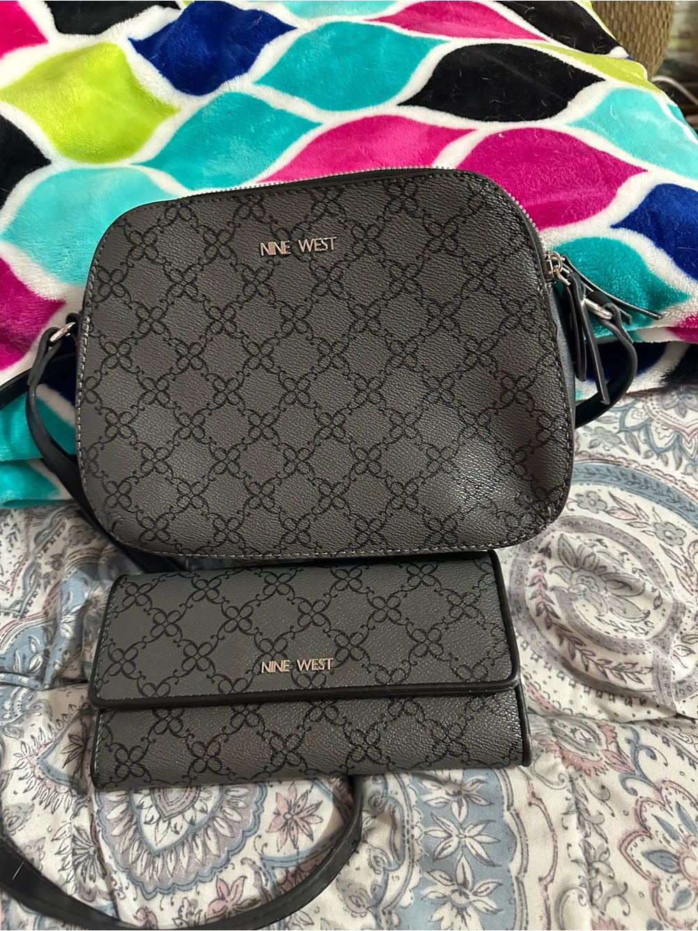 Nine West Black Patterned Crossbody with Matching Wallet